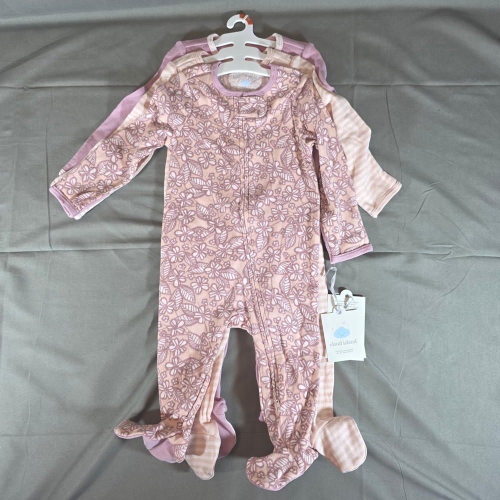 Cloud Island Baby Girls 3-Pack Cotton Sleep and Play Floral Stripe Pink 6-9M